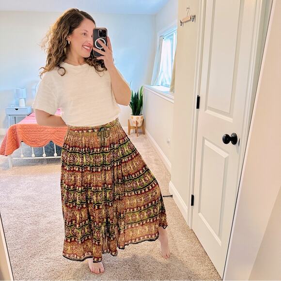 Vintage Short Circuit Pink Green Tan Cotton Geometric Printed Maxi Skirt XL - Picture 1 of 16